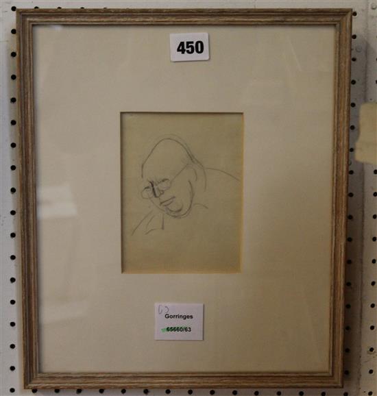 Bust study of a bald elderly man wearing glasses, pencil on cream paper